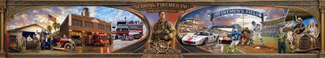 Sebring Firemen, Inc. Centennial Mural Concept featuring the firehouse, today and past, a firefighter, and the variety of athletics and events the firemen sponsor